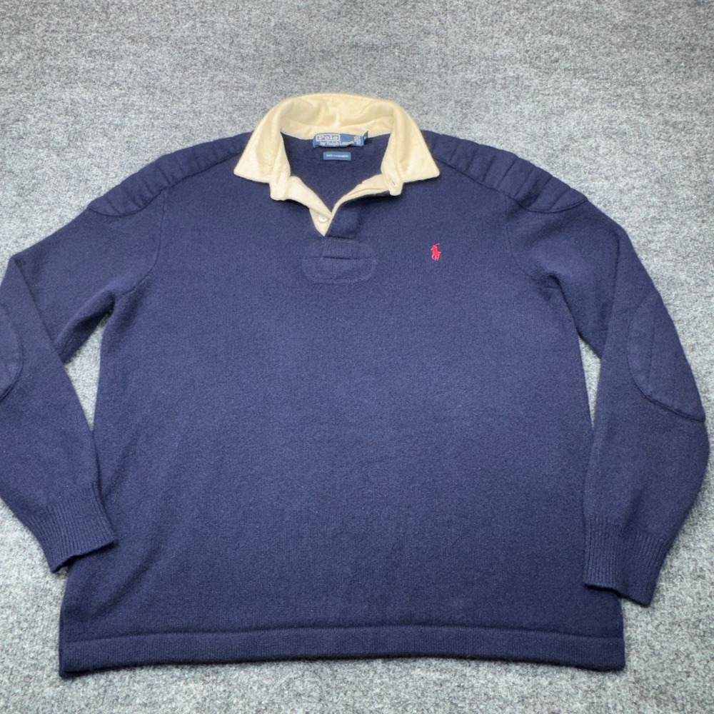 Polo Ralph Lauren Sweater Mens Large Blue Cashmere Rugby Knit Moto Elbow Patch